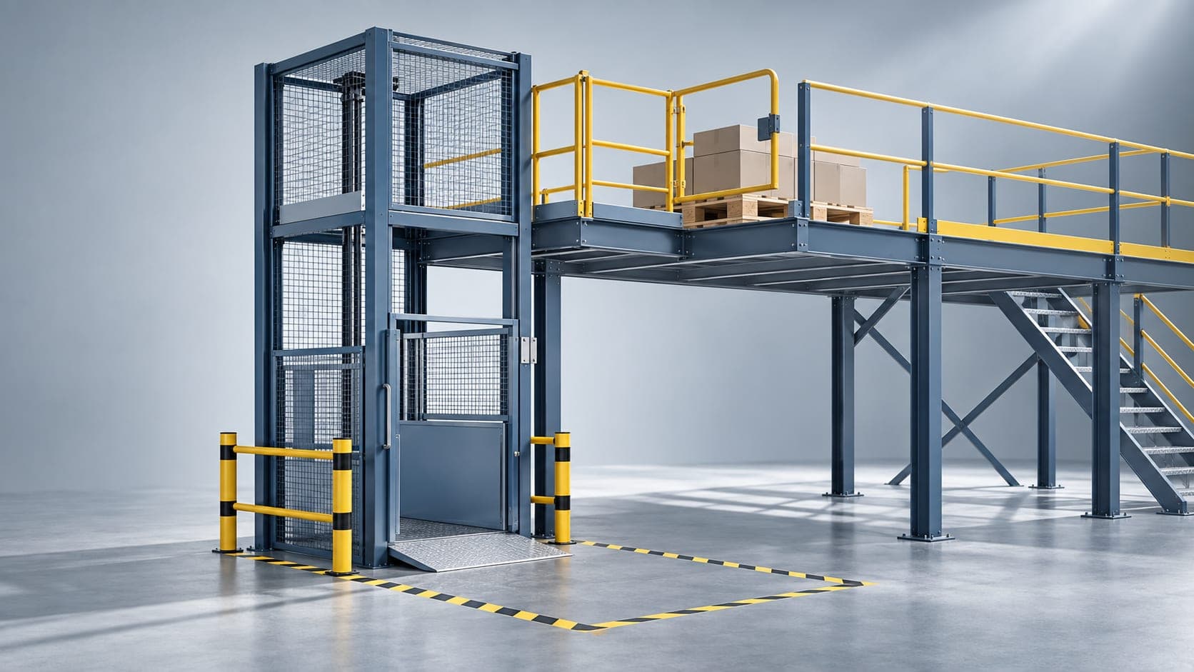Mezzanine goods lift and drop zone