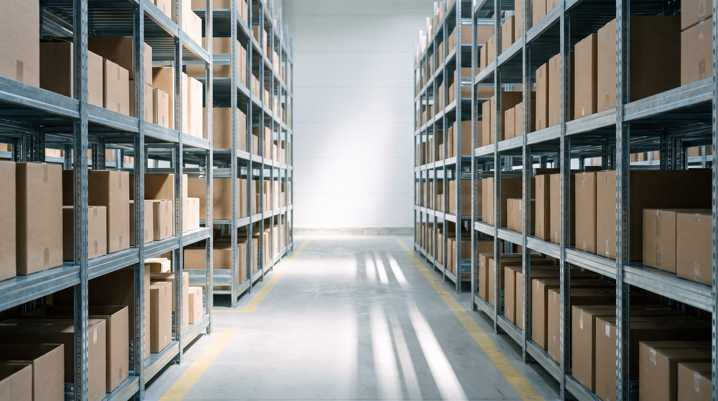Aisle of slotted angle shelving stocked with cartons