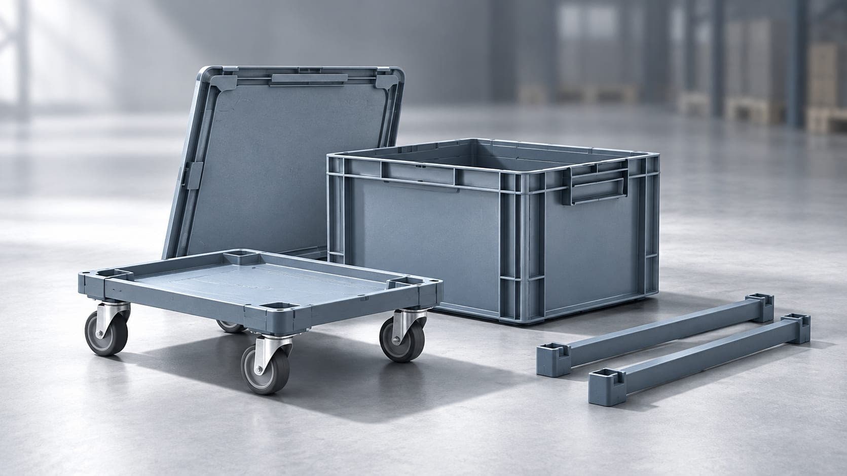 Crate lid, dolly and stack bar